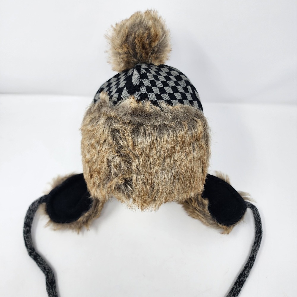 HYP Trapper Hat OS Men Checkered Faux Fur Aviator Ear Flap Knit Black Grey NEW